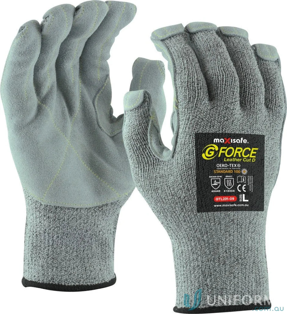 Gray work gloves with cut resistance and leather palm for uniforms or safety gear
