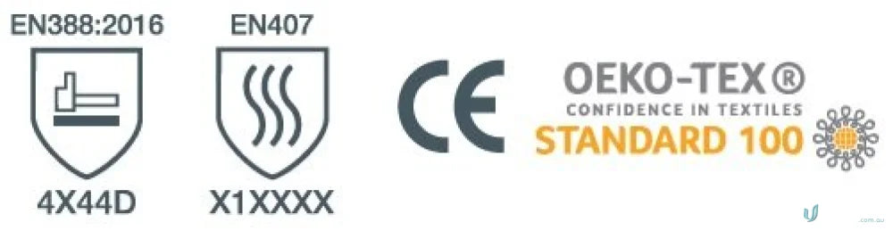 Safety certification symbols on 12pk G-Force Cut D Glove with Leather Palm for uniforms