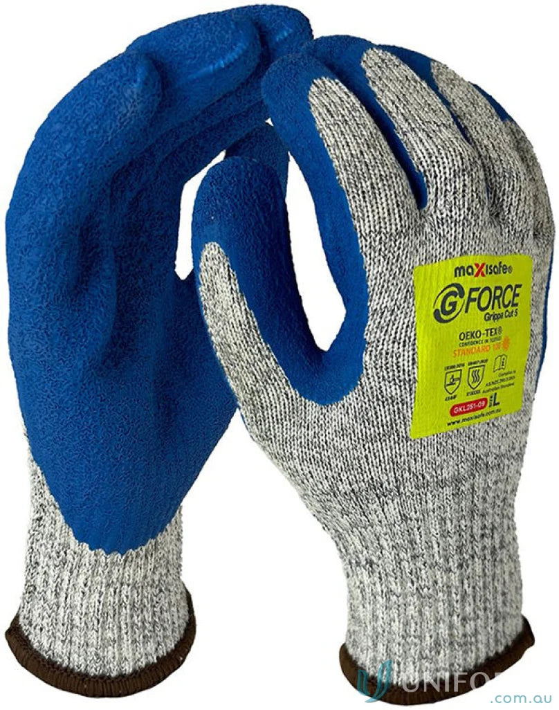 Blue and gray work gloves from 12pk G-Force Grippa Cut F for workwear and uniforms