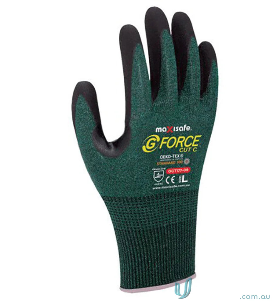 Green and black nitrile glove from 12pk G-Force Ultra Cut C Resistant Glove for work uniforms