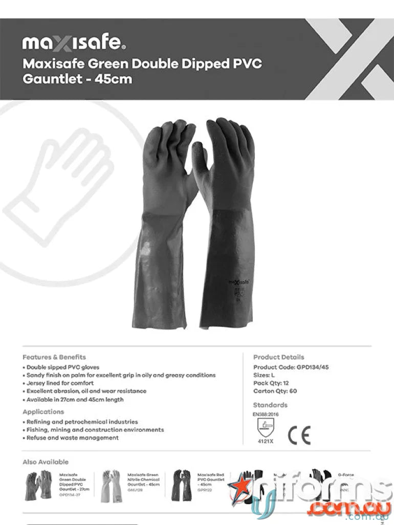 Green double dipped PVC gauntlet gloves perfect for heavy-duty work and protection