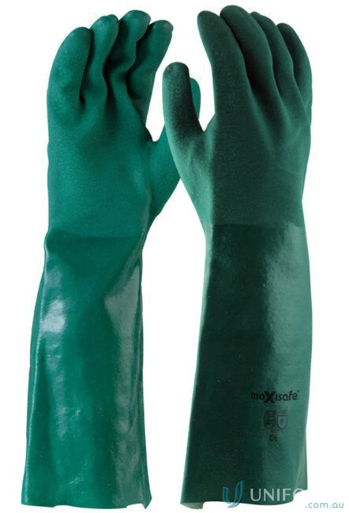 Pair of long green double dipped PVC gauntlets for protection and durability