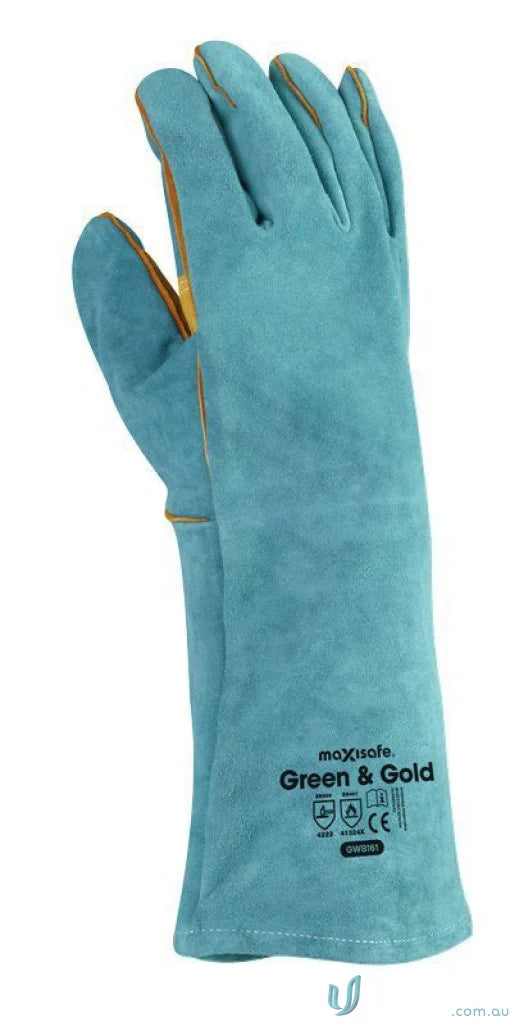 Green and gold welders gauntlet for protection in welding jobs in 12pk gold welders gauntlet