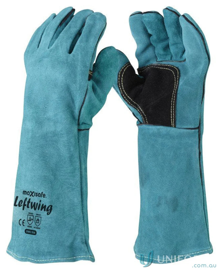 Blue leather work gloves from Leftwing Welders Gauntlet for tough work uniforms
