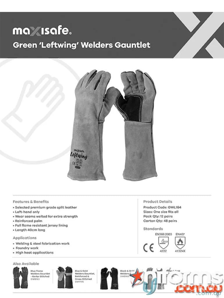 Green welders gauntlet from 12pk Leftwing Welders for tough work uniforms