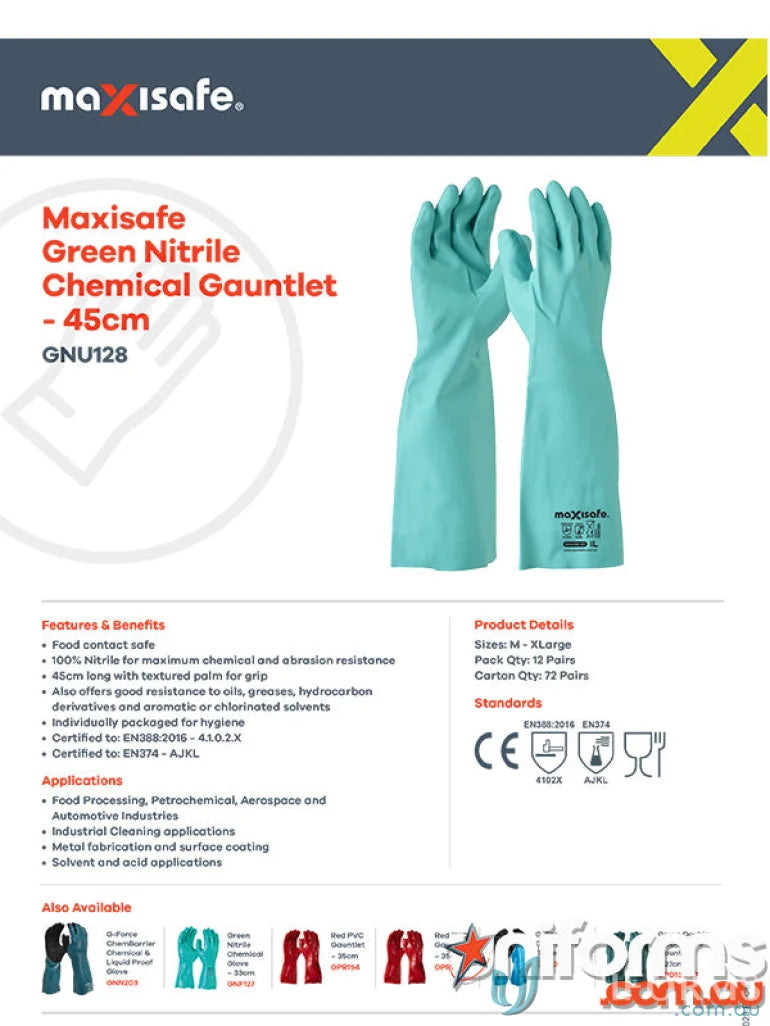 Green nitrile chemical gauntlets 45cm for workwear and safety applications
