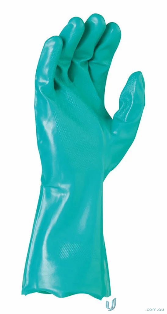 Turquoise nitrile chemical glove perfect for work uniforms and protective tasks