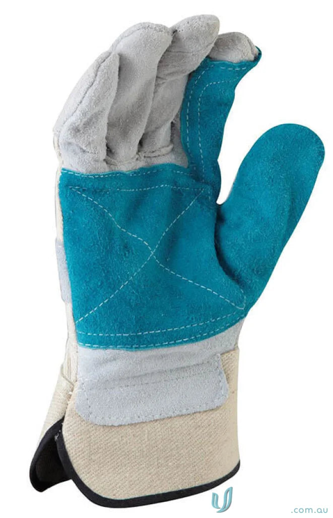 Turquoise and gray heavy-duty work glove with reinforced palm, perfect for uniforms