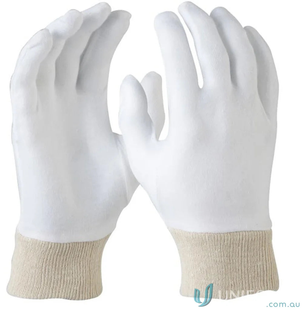 Pair of white poly cotton gloves with tan cuffs for extra protection in small sizes