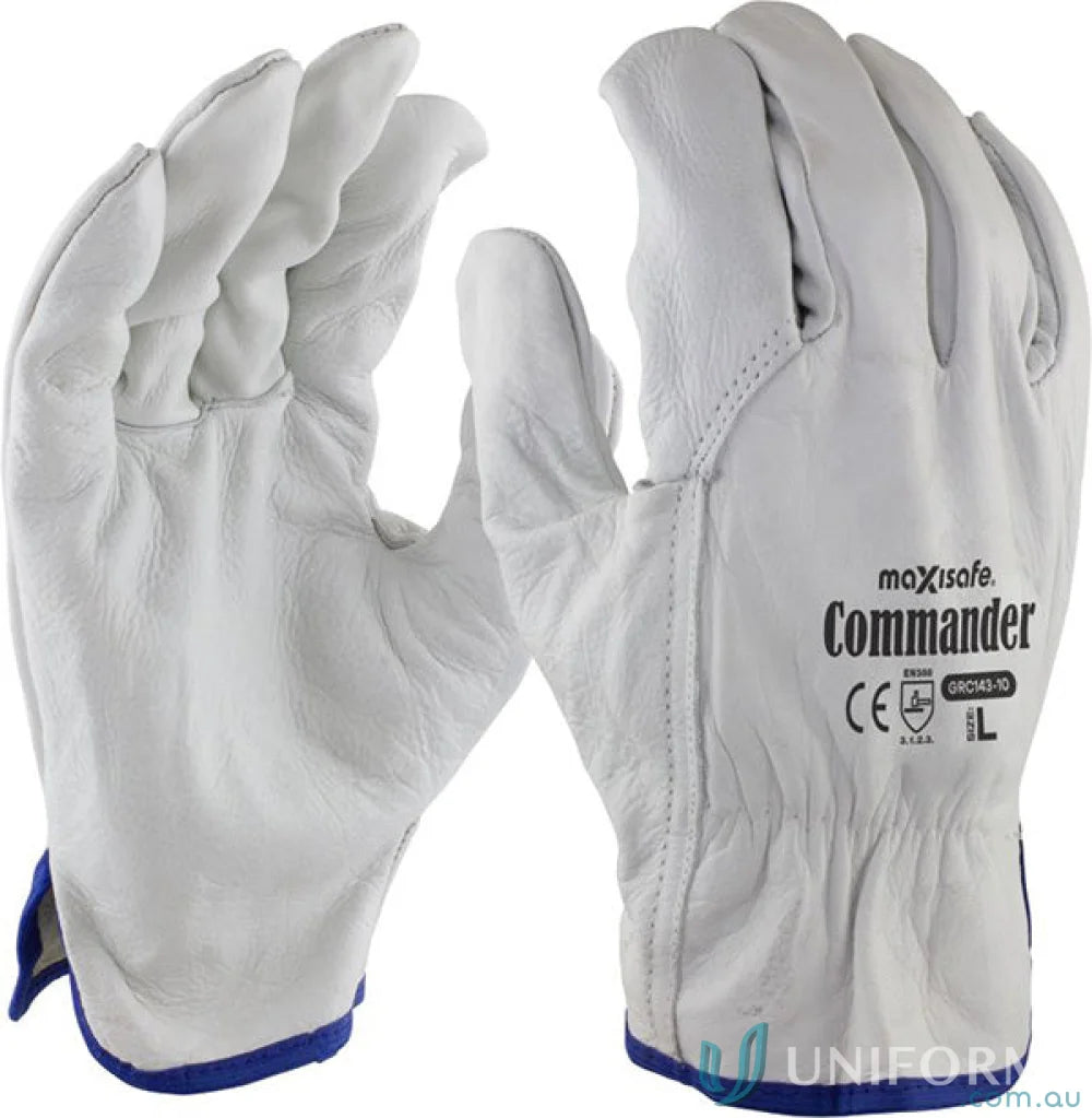 White leather work gloves from Maxisafe Commander 12pk for industry workwear and uniforms