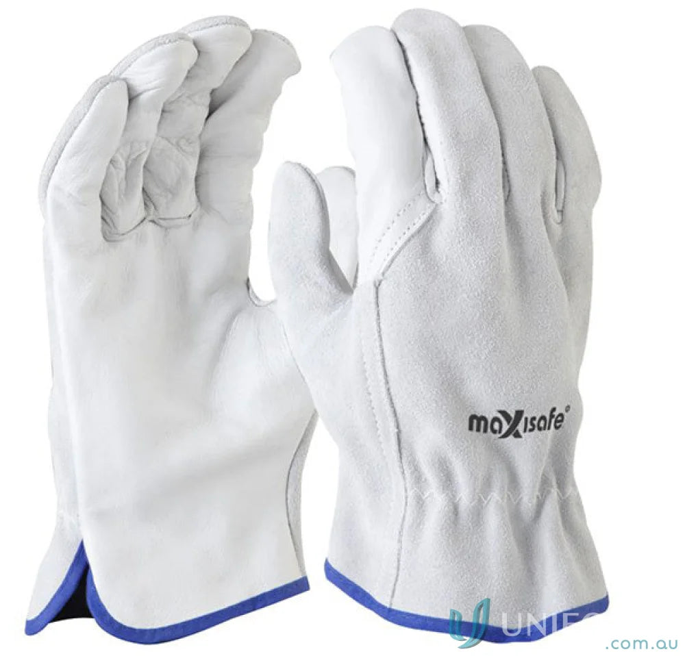 Pair of white leather work gloves designed for industry workwear and uniforms
