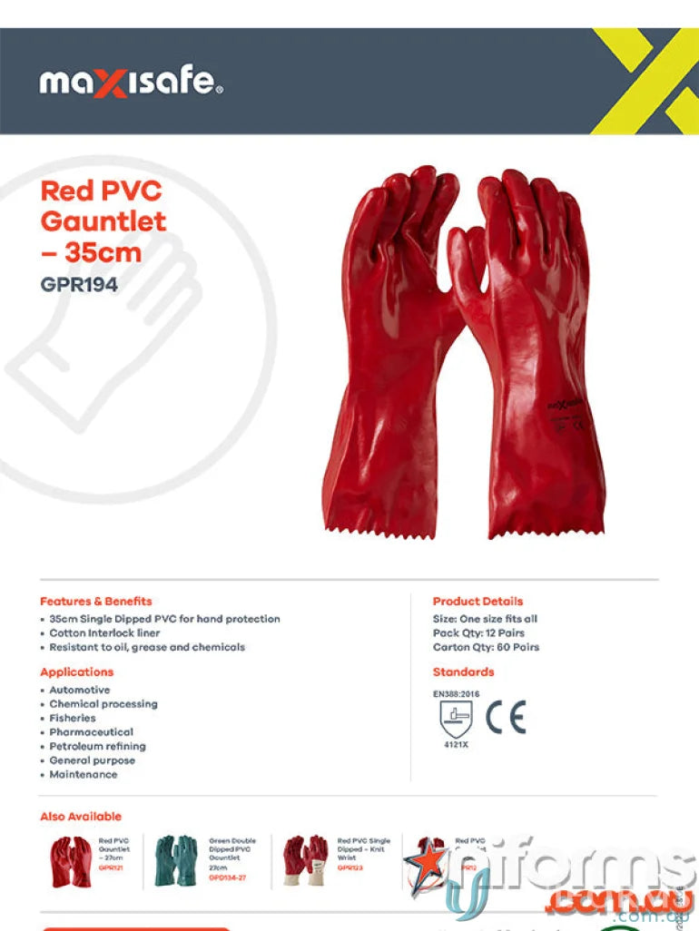 Pair of Maxisafe Red PVC Gauntlet gloves perfect for work uniforms and safety gear