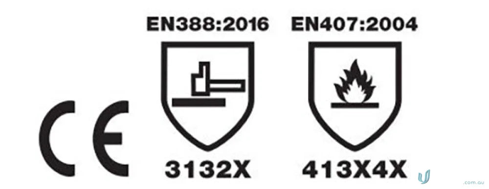 Safety certification symbols on Maxisafe TIG Welding Gauntlet workwear for welding or uniforms