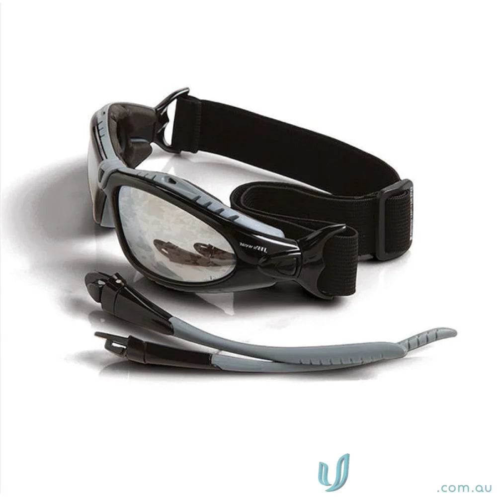 Black goggles with interchangeable strap and temple arms for Prosseal Spec anti fog fit