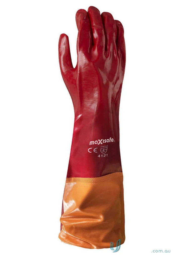 Red and orange protective glove from 12pk red pvc 60cm gauntlet set