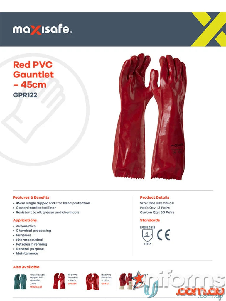 12pk Red PVC Gauntlet Gloves for heavy-duty protection and safety