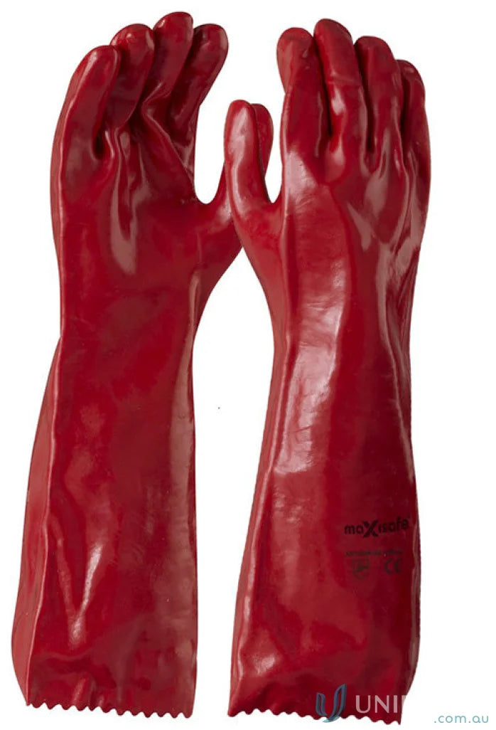 Pair of red rubber gloves from 12pk Red PVC Gauntlet package for cleaning or chores