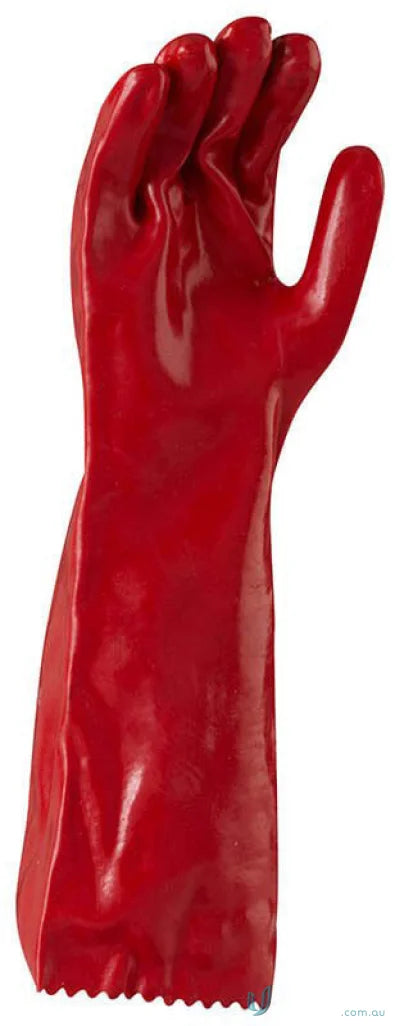 Red rubber glove from 12pk red PVC gauntlet pack, perfect for tough tasks