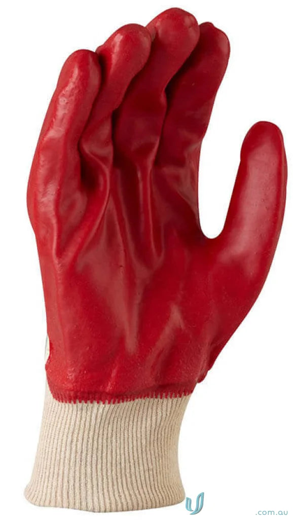 Red rubberized work glove with knit wrist from 12pk Red PVC single dipped uniforms