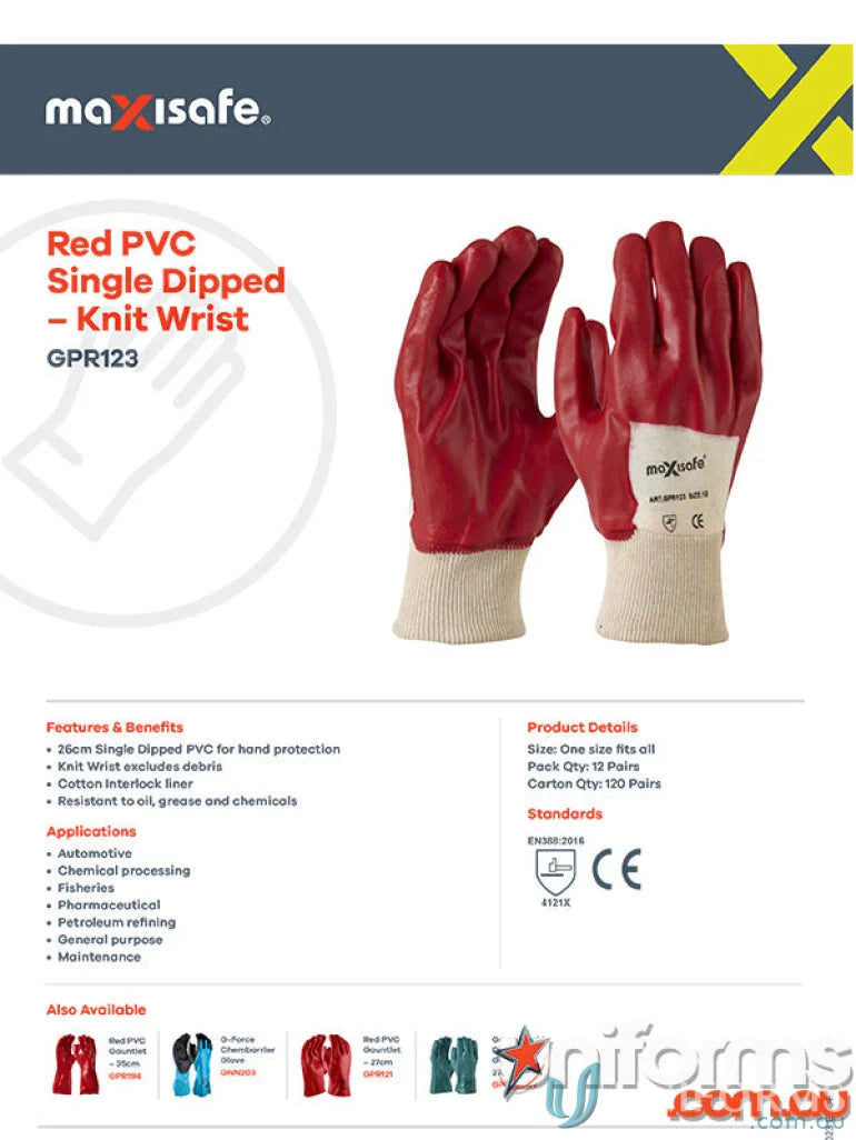 Red PVC work gloves with knit wrist for durable and comfy uniforms, single dipped design