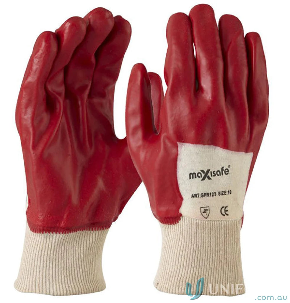 Red work gloves with white cuffs, single dipped, knit wrist for uniforms