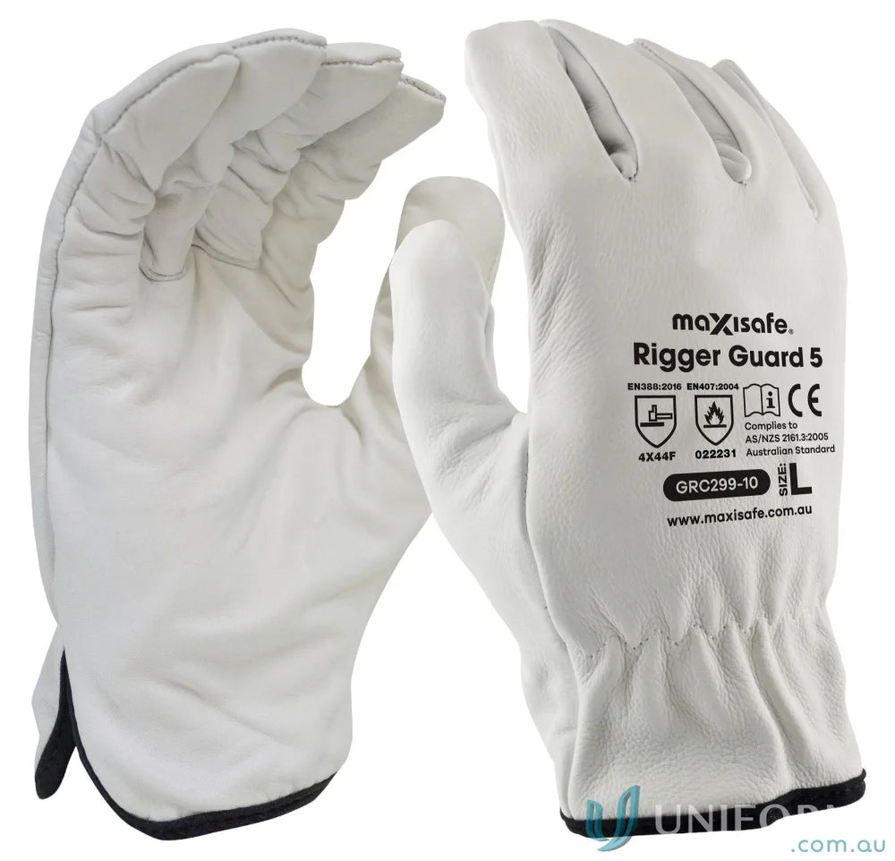 White leather work gloves with cut level protection from Rigger Guard 5 workwear