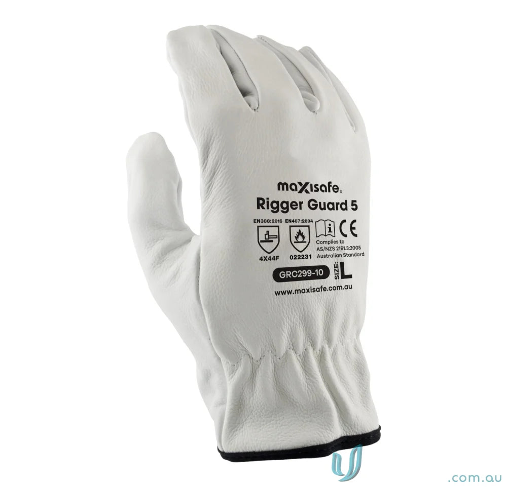 White leather work glove from 12pk Rigger Guard cut level workwear for safety