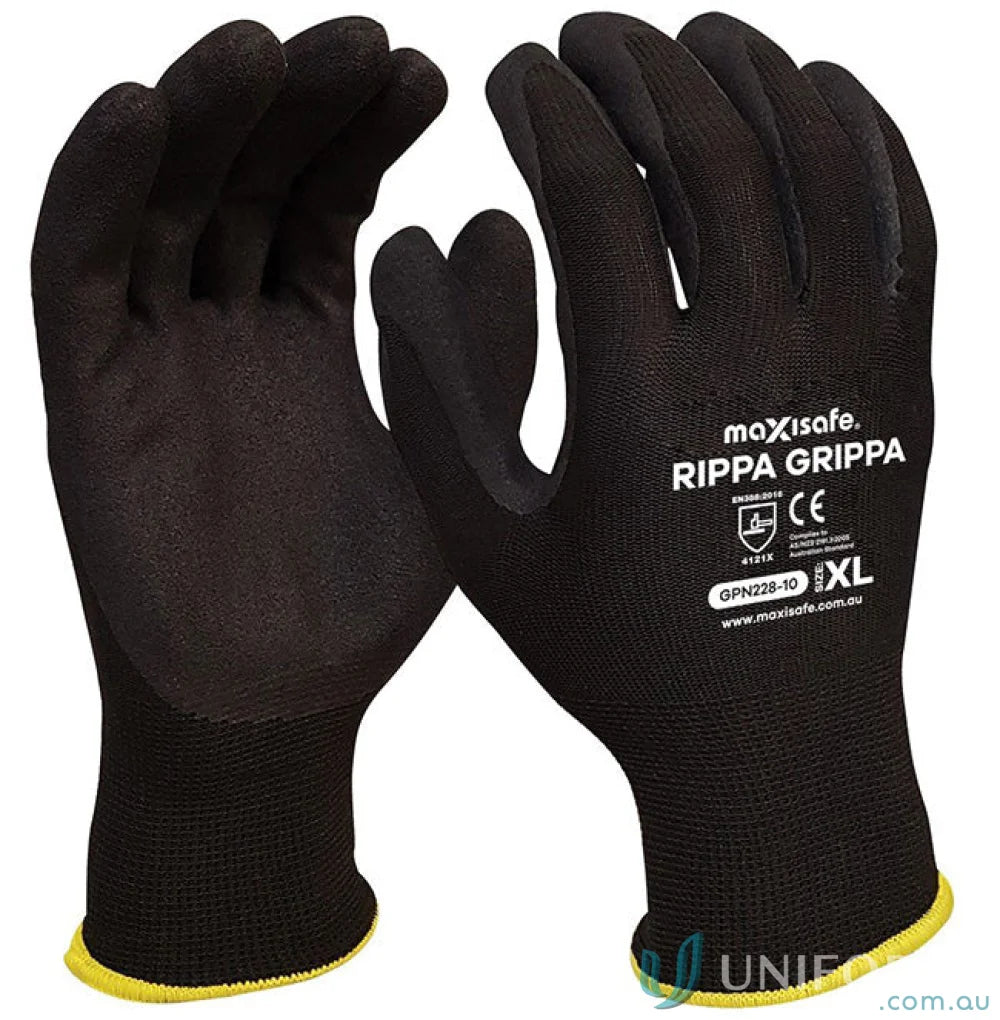 Black nitrile coated work gloves with yellow trim for workwear and uniforms