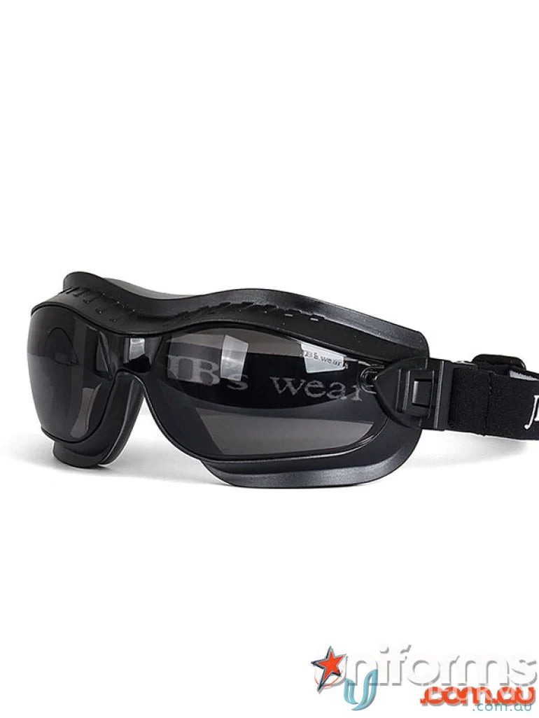 Black elastic protective goggles with reflective lens for workwear and uniforms