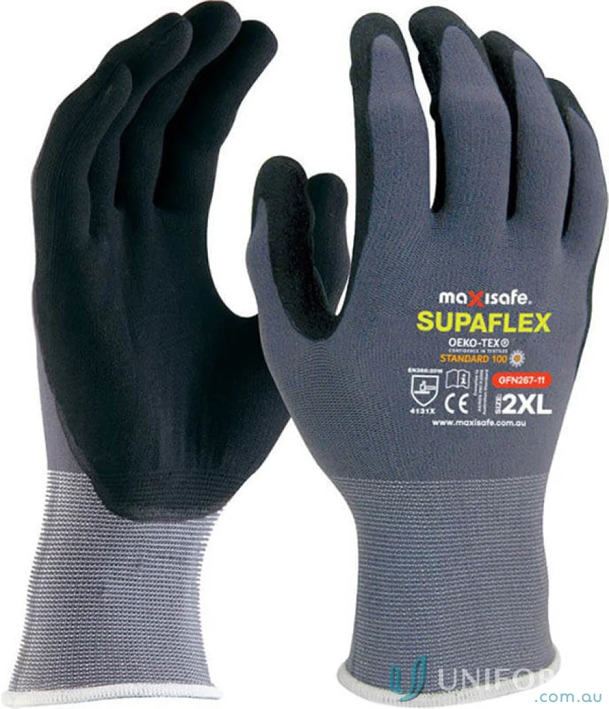 Pair of gray and black work gloves with micro foam coating for workwear and uniforms