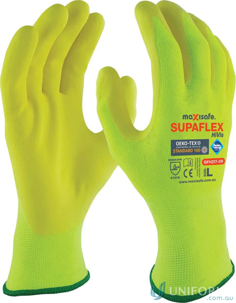 Pair of yellow work gloves with coating for workwear and uniforms protection