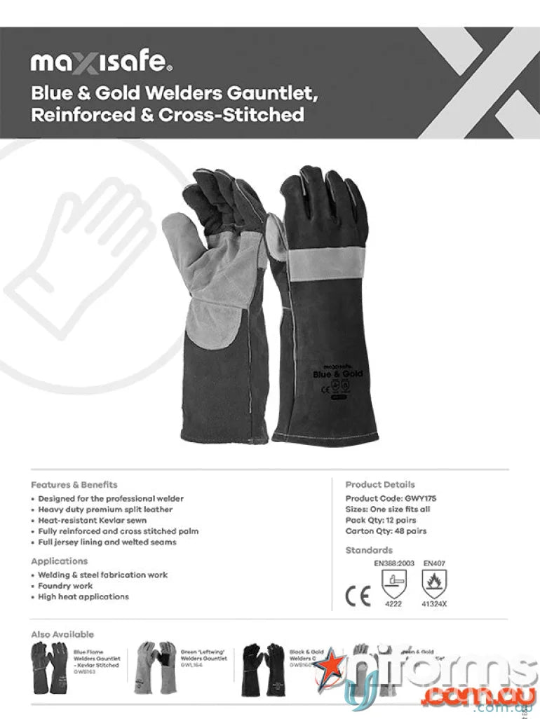 Blue and gold welders gauntlets with cross-stitched design, perfect for workwear and uniforms