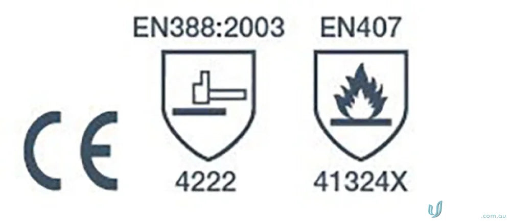 Safety certification symbols on 12pk Welders Gauntlet workwear with cross stitched reinforcement