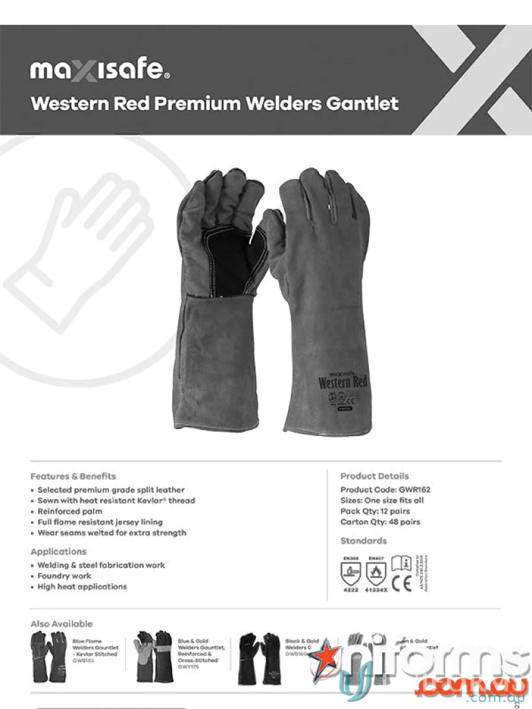 Gray welding gloves from 12pk Western Red Premium Welders Gauntlet for protection
