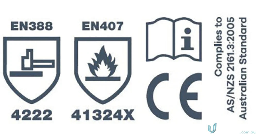 Safety standards and compliance markings on 12pk Western Red Premium Welders Gauntlet