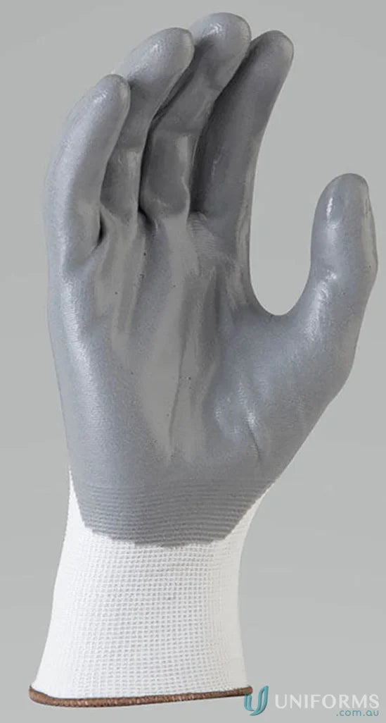 Gray and white work glove with foam nitrile palm ideal for uniforms and workwear