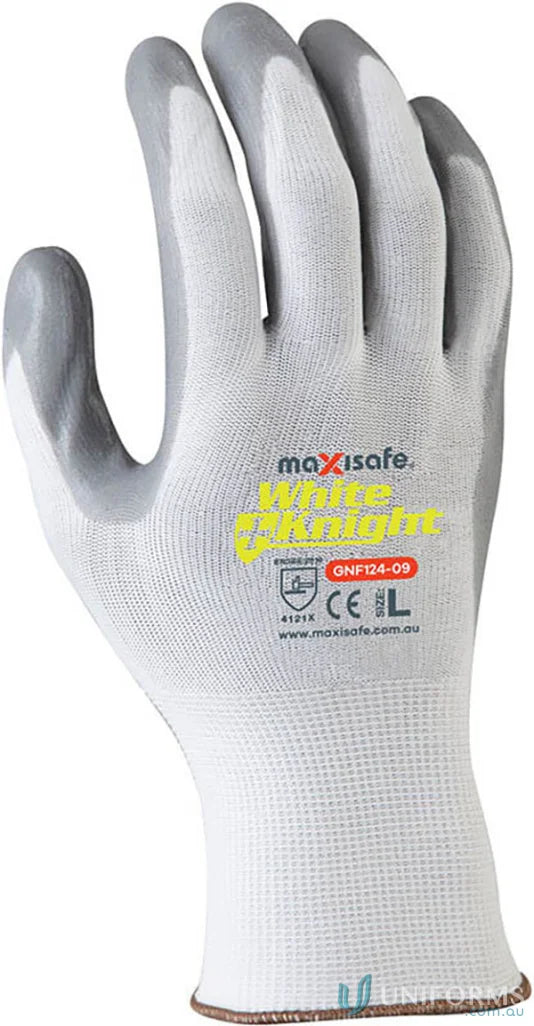 Gray and white work glove with foam nitrile palm for workwear or uniforms