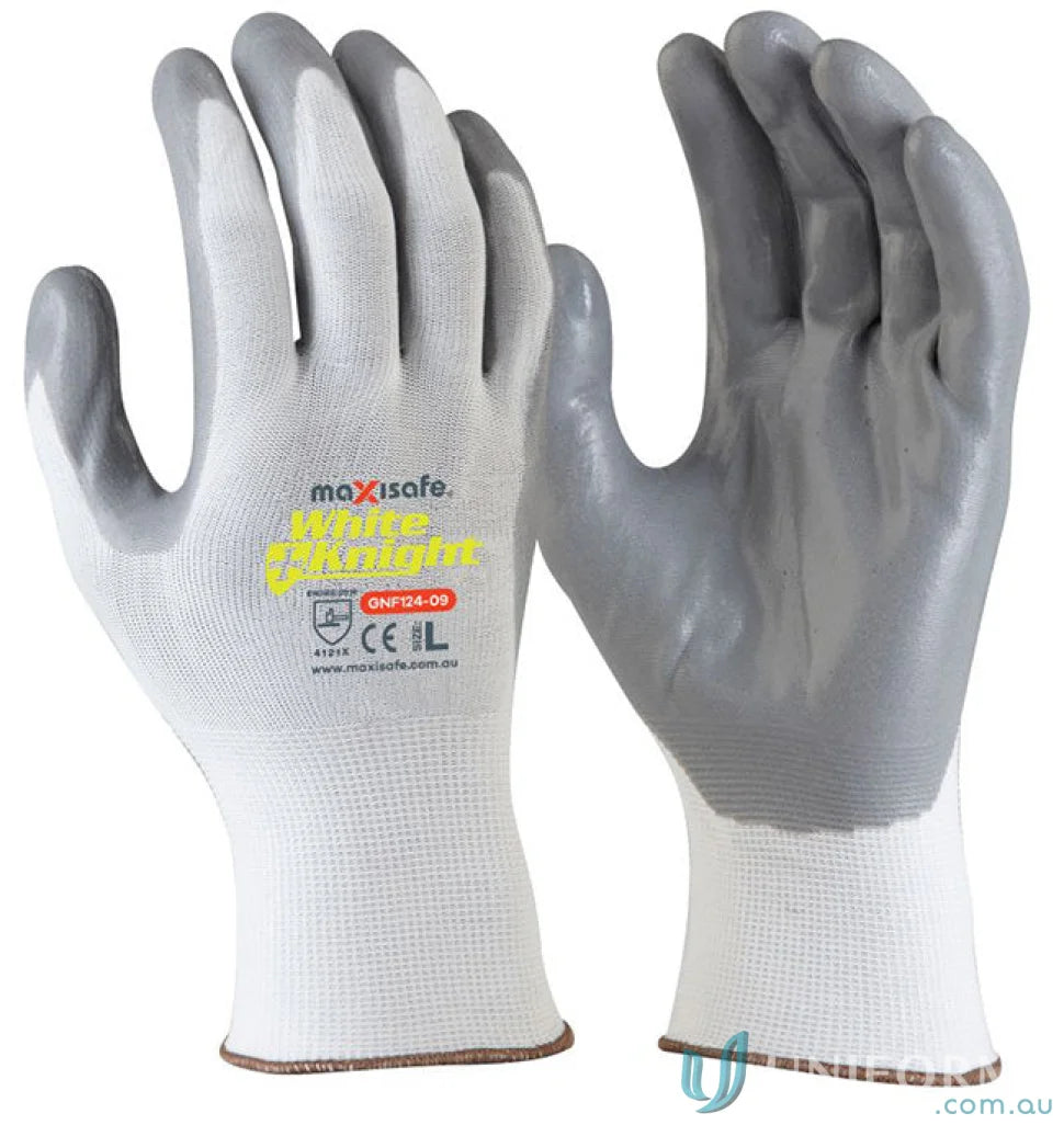 Pair of gray and white work gloves with foam nitrile palms for uniforms and workwear