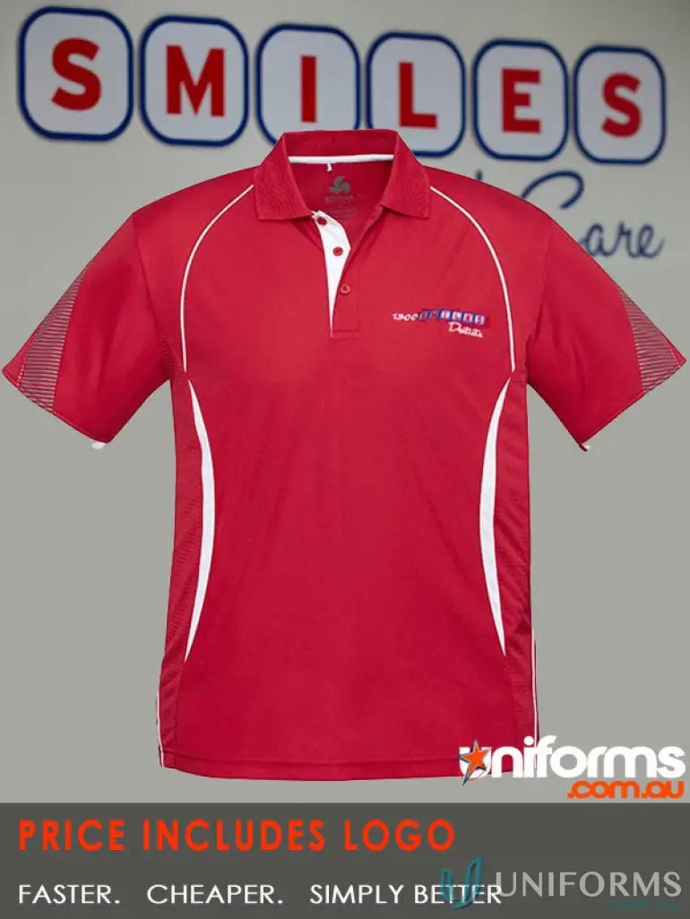 Red polyester sports interlock polo shirt with white accents from 1300 Dentist Mens Polo