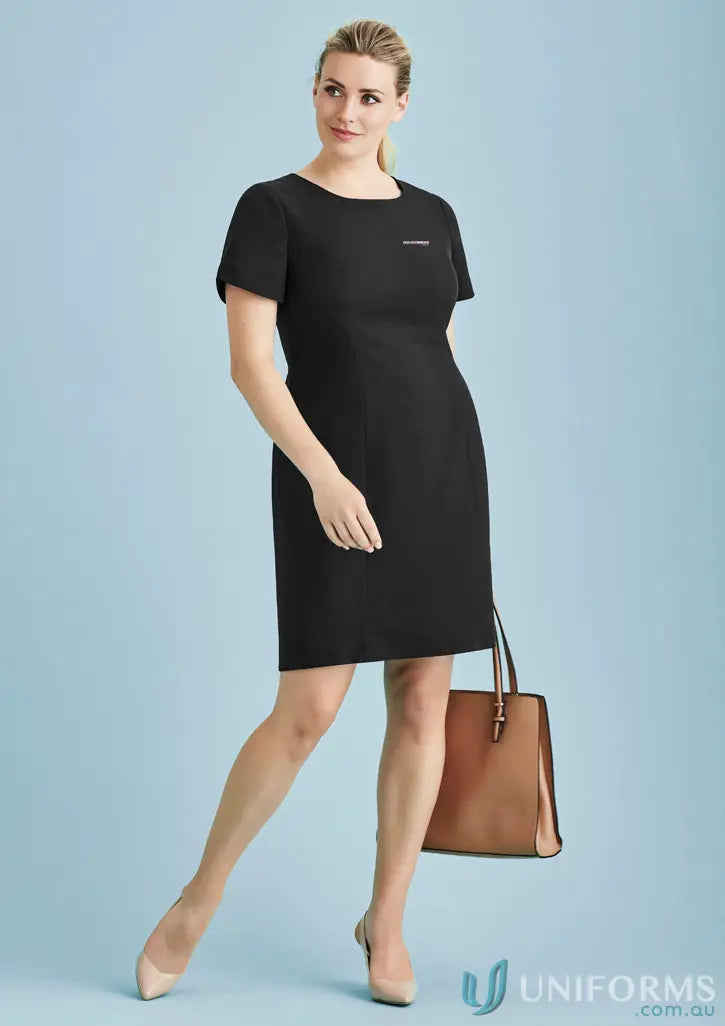Woman’s black sheath dress with short sleeve lined details from 1300 Practice Manager Ladies Dress