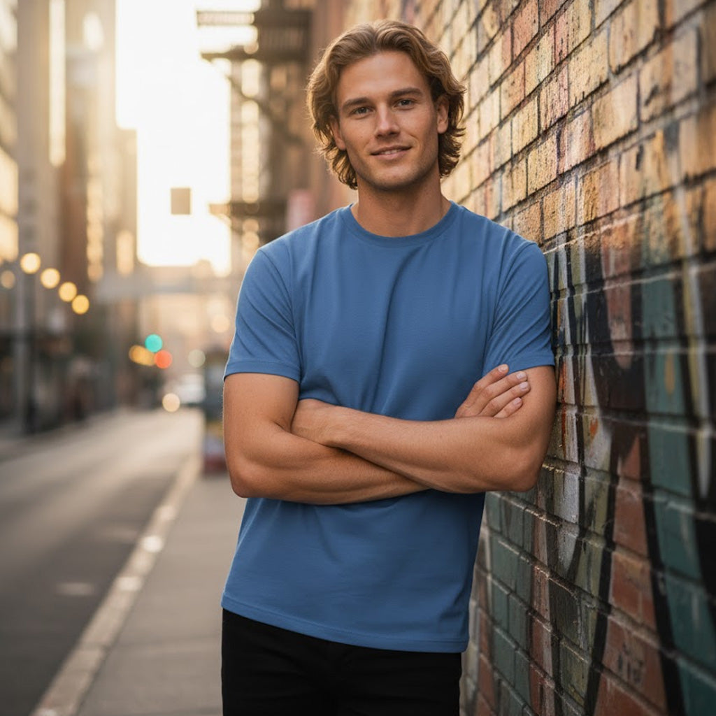JBS adult 1HT jersey knit blue tee on man with UPF protection