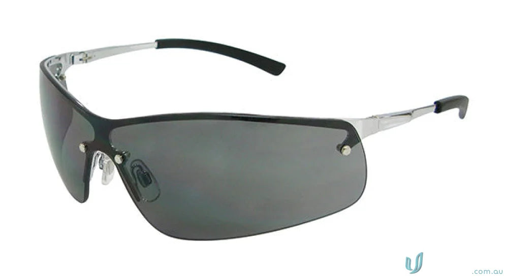 Rimless gray sunglasses with smoke lens perfect for workwear and uniforms