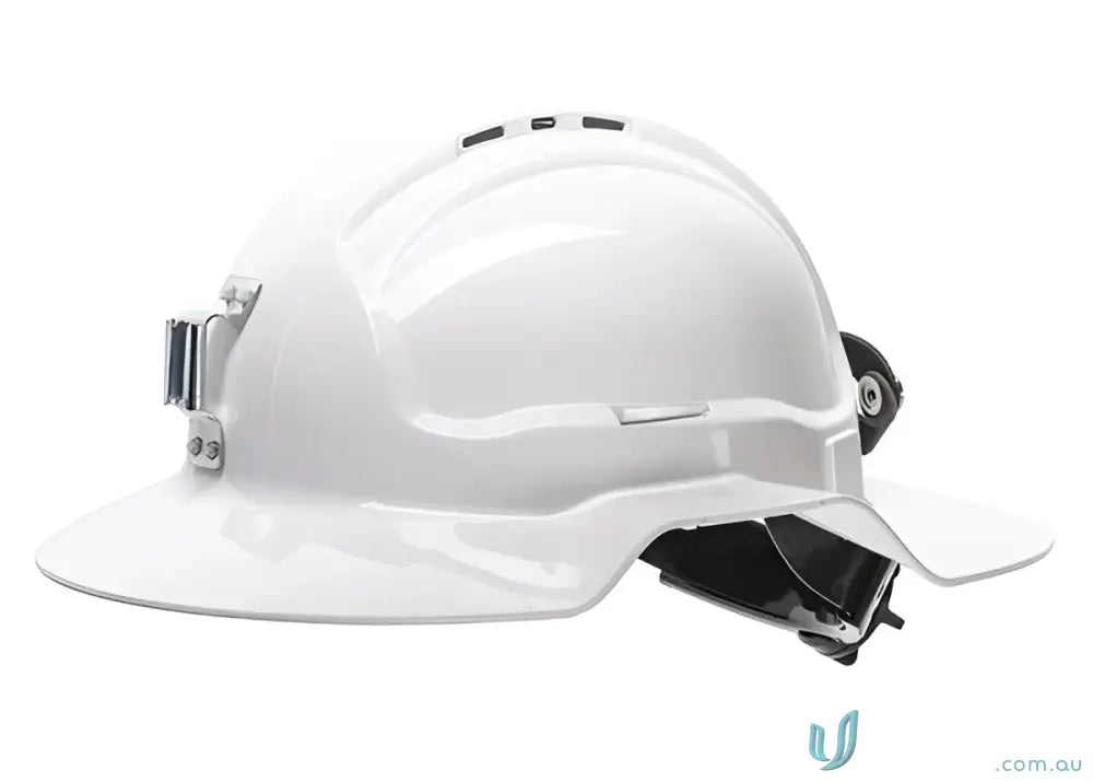 White hard hat with broad brim and headlamp for safety in the brim area