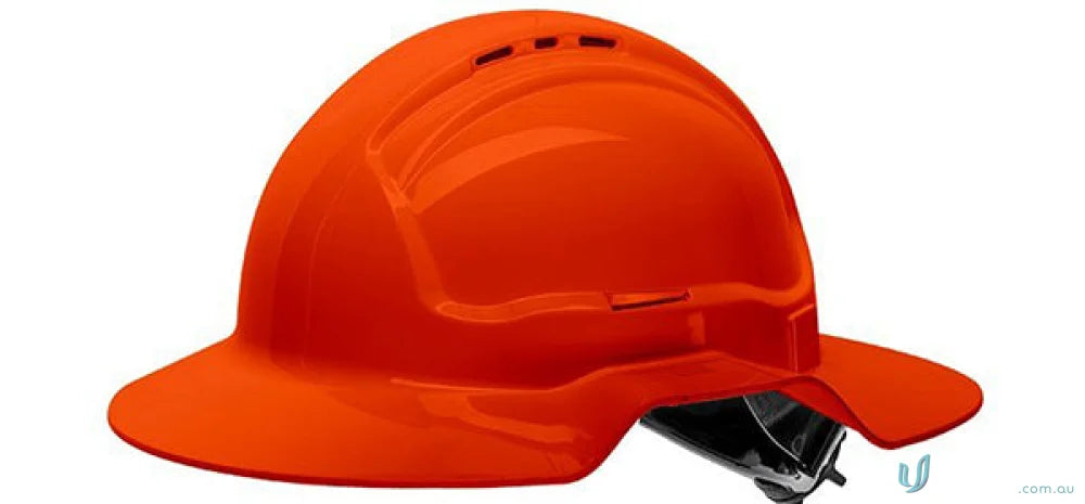 Orange broad brim vented hard hat with cap attachable feature for protection