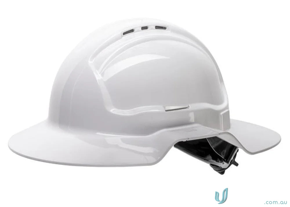 White broad brim vented hard hat with cap attachable features for safety and comfort