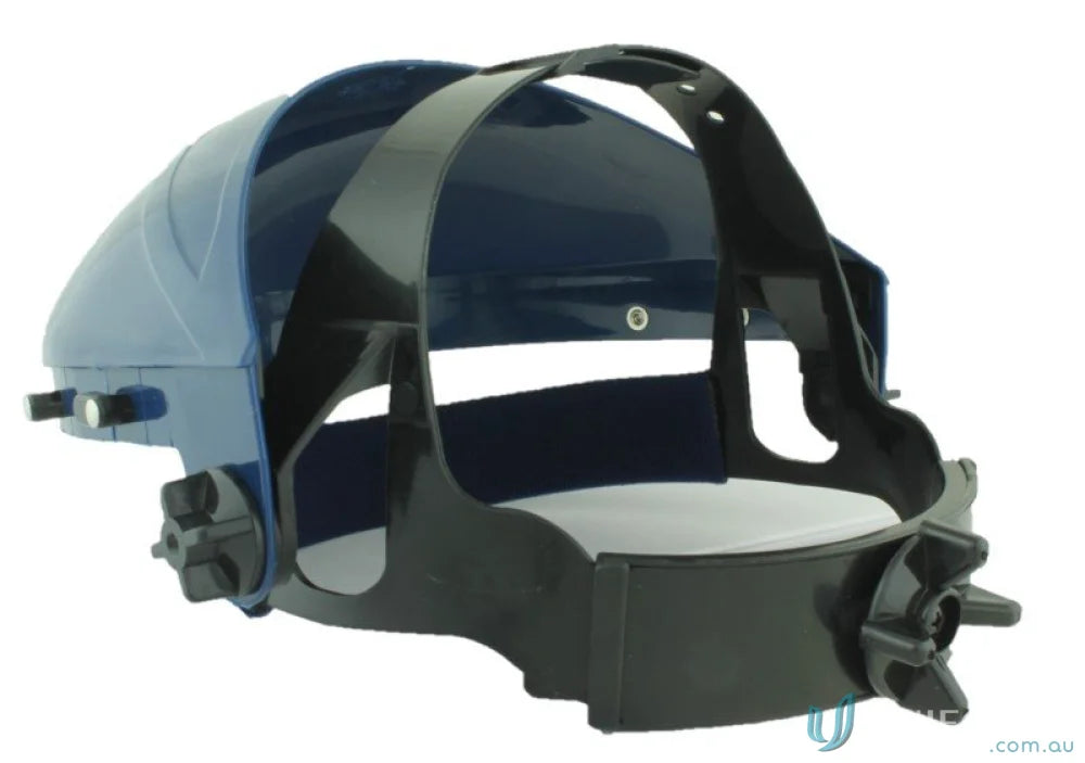 Blue and black welding helmet with brow guard and ratchet headgear for uniforms