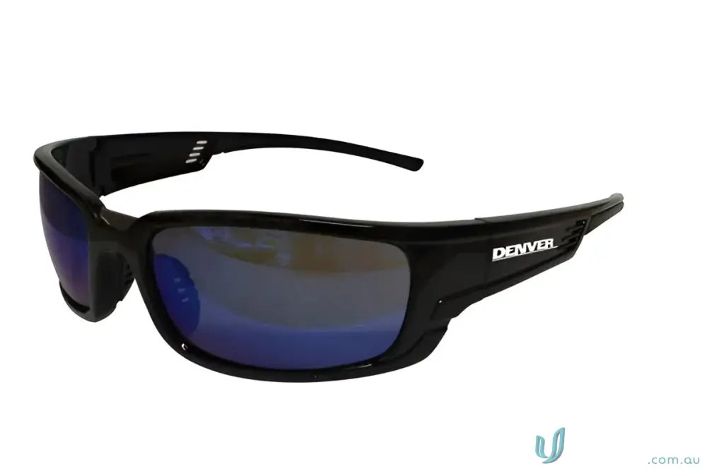 Black frame safety glasses with blue mirror lenses perfect for uniforms and style