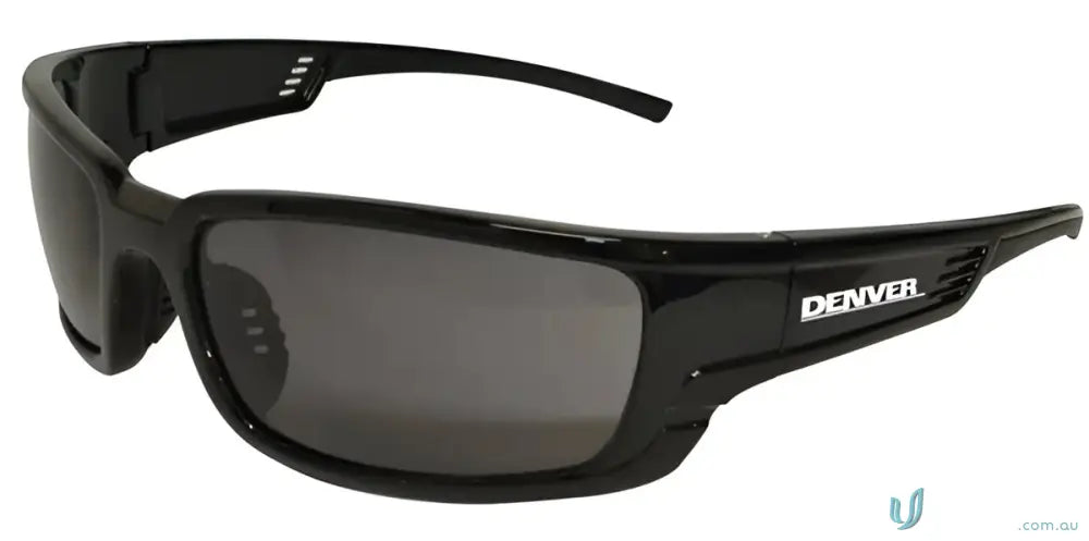 Black frame Denver sunglasses with smoke lenses perfect for uniforms and outdoor use