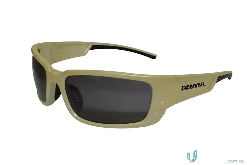 Beige sunglasses with dark smoke lenses and black frame, perfect for uniforms