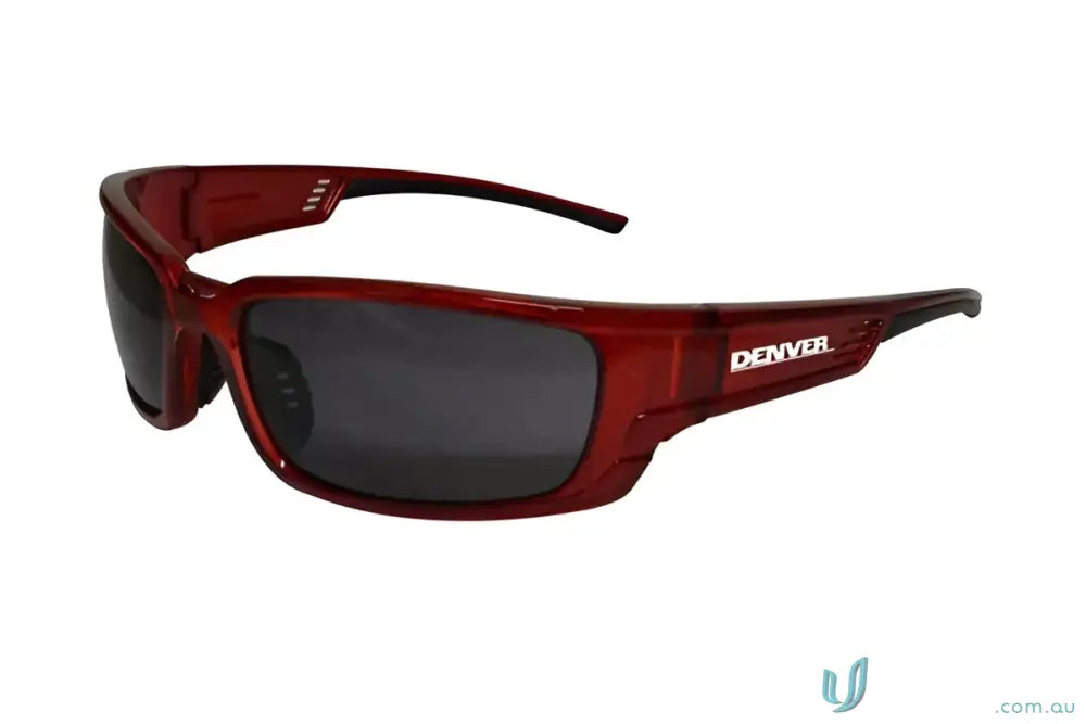 Red-framed sunglasses with dark smoke lenses, perfect for uniforms and style